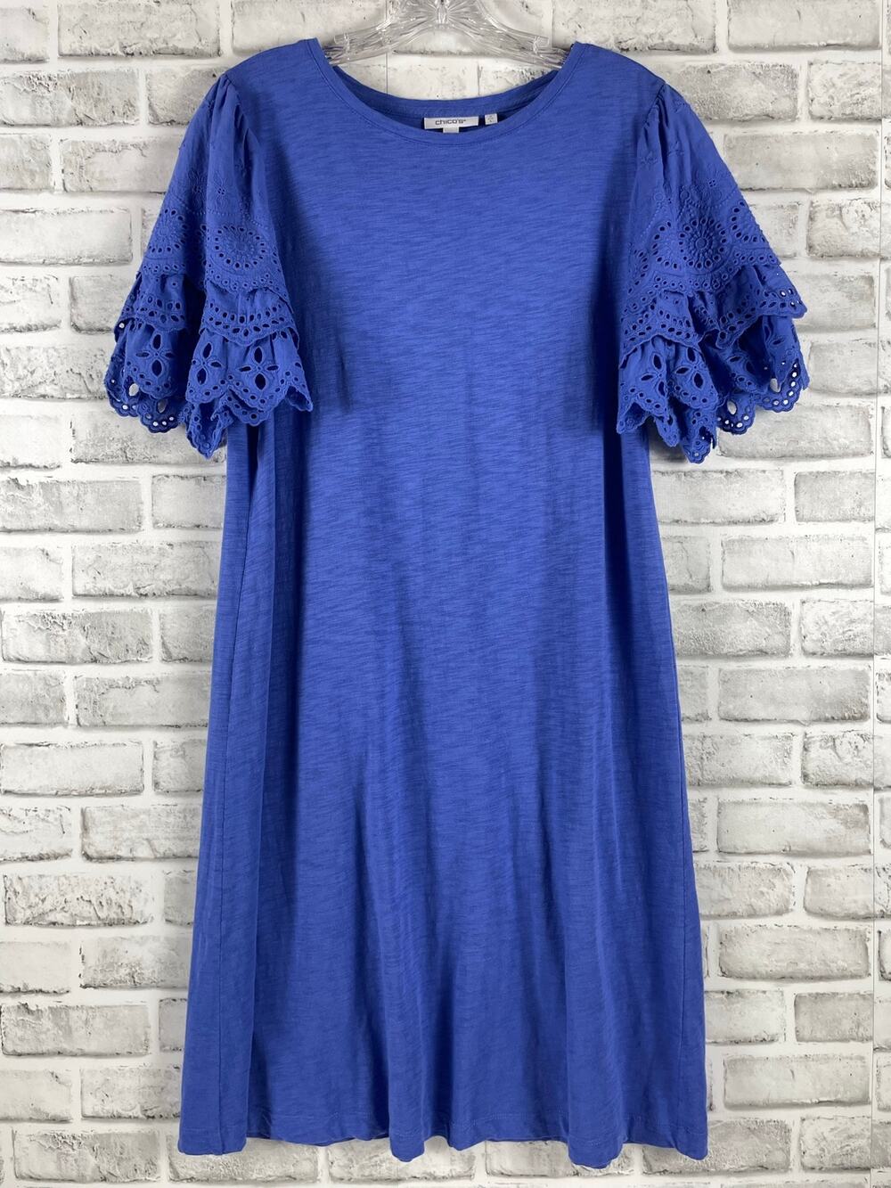 Chico's Blue Eyelet Ruffle Sleeve Midi Dress Sz 2 Large